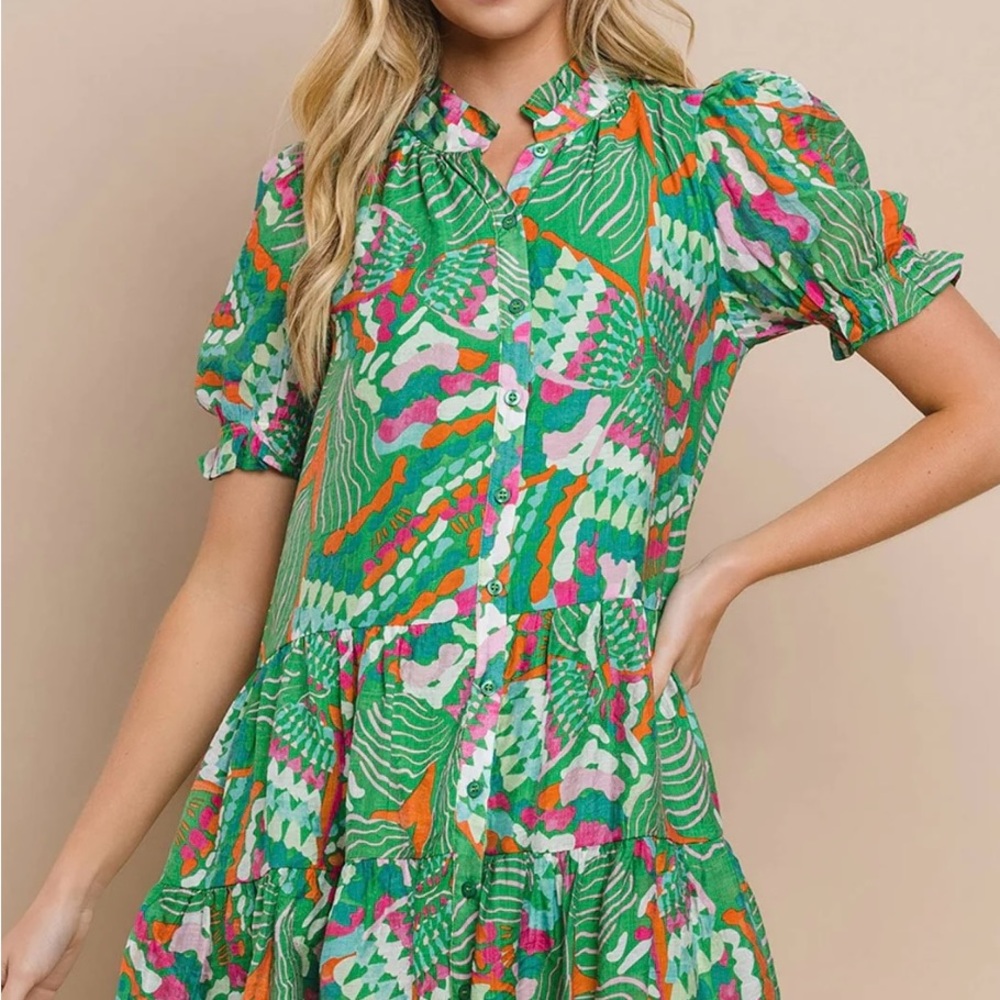 TCEC Vibrant abstract Green and Pink short puff Sleeve Dress